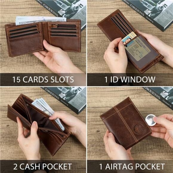 Genuine Bifold Leather Wallets for air tag Men's Wallet with 1 ID Window 15 Card - Picture 5 of 7